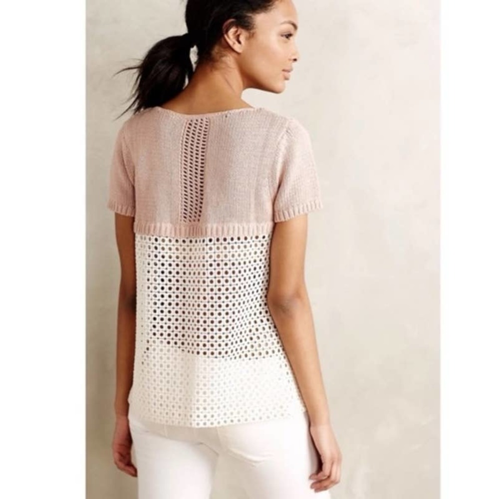 Anthropologie Moth Madeira Pink & White Eyelet Knit Back Pullover Sweater Size S - Picture 3 of 11